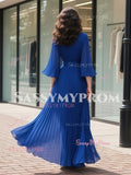 V Neck Half Sleeves Royal Blue Chiffon A Line Prom Dress