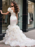 Off The Shoulder Trumpet Mermaid Satin Flower Wedding Dress