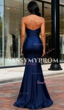 Navy Blue Halter Elastic Satin Trumpet Mermaid Prom Dress