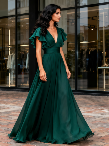 V Neck Green Chiffon Ruffles A Line Bridesmaid Dress