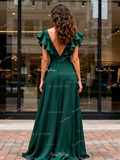 V Neck Green Chiffon Ruffles A Line Bridesmaid Dress