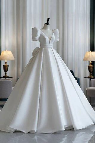 A-Line V-Neck Satin White Short Sleeve Wedding Dress With Bow