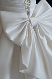 A-Line V-Neck Satin White Short Sleeve Wedding Dress With Bow