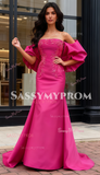 Trumpet Mermaid Puffy Sleeve Fuchisa Satin Beading Prom Dress
