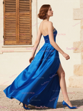 Blue Sweetheart Beading A Line Satin Prom Dress With Slit
