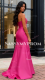 Trumpet Mermaid Puffy Sleeve Fuchisa Satin Beading Prom Dress