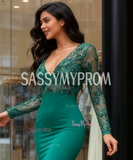 V Neck Lace & Spandex Green Trumpet Mermaid Prom Dress With Slit