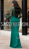 V Neck Lace & Spandex Green Trumpet Mermaid Prom Dress With Slit