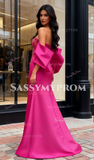 Trumpet Mermaid Puffy Sleeve Fuchisa Satin Beading Prom Dress