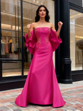 Trumpet Mermaid Puffy Sleeve Fuchisa Satin Beading Prom Dress