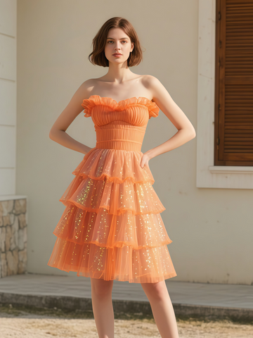 Tulle Short Mini A Line Orange Homecoming Dress