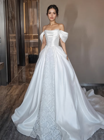 Lace Detachable Trian Satin Off The Shoulder Wedding Dress