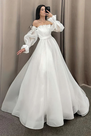 Tulle Pleats Strapless Detachable Long Sleeve Wedding Dress