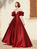 Off The Shoulder Satin Burgundy A Line Prom Dress