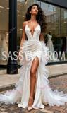 Trumpet Mermaid Satin Deep V Neck Ruffles Train Wedding Dress