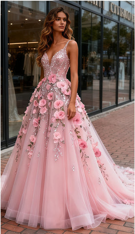 A Line Beading Flowers Pink V Neck Prom Dress