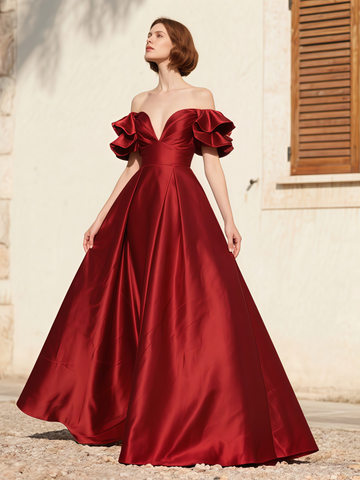 Off The Shoulder Satin Burgundy A Line Prom Dress