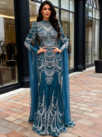 Beading Tulle Sheath Column Blue High Neck Prom Dress