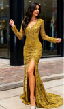 Trumpet Mermaid Gold Lace Long Sleeves Prom Dress With Slit
