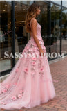 A Line Beading Flowers Pink V Neck Prom Dress