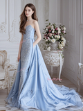 Sheath Blue Sweetheart Sequin Prom Dress With Detachable Train