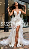 Trumpet Mermaid Satin Deep V Neck Ruffles Train Wedding Dress