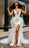Trumpet Mermaid Satin Deep V Neck Ruffles Train Wedding Dress