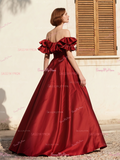 Off The Shoulder Satin Burgundy A Line Prom Dress