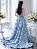 Sheath Blue Sweetheart Sequin Prom Dress With Detachable Train