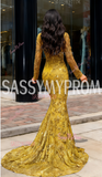 Trumpet Mermaid Gold Lace Long Sleeves Prom Dress With Slit