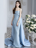 Sheath Blue Sweetheart Sequin Prom Dress With Detachable Train