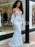 Mermaid Sweetheart Long Sleeves Lace Trumpet Blue Prom Dress