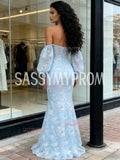 Mermaid Sweetheart Long Sleeves Lace Trumpet Blue Prom Dress