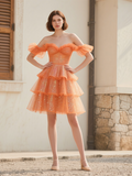 Short Mini Orange Tulle Off The Shoulder Homecoming Dress