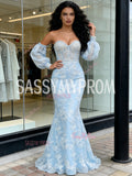 Mermaid Sweetheart Long Sleeves Lace Trumpet Blue Prom Dress