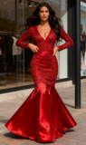 Red Satin Trumpet Mermaid Long Sleeve Prom Dress