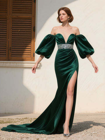 Satin Green Trumpet Mermaid Puffy Sleeve Beading Prom Dress With Slit