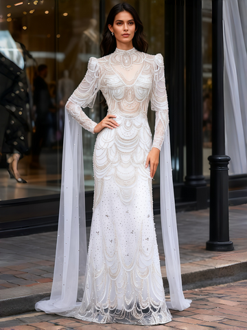 White Beading Tulle Long Sleeve High Neck Prom Dress