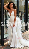 V Neck Satin Ruched Trumpet Mermaid Wedding Dress With Ruffles Train