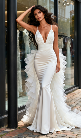 V Neck Satin Ruched Trumpet Mermaid Wedding Dress With Ruffles Train