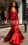 Red Satin Trumpet Mermaid Long Sleeve Prom Dress