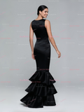 Trumpet Mermaid Ruffles Black Scoop Satin Prom Dress