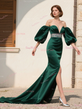 Satin Green Trumpet Mermaid Puffy Sleeve Beading Prom Dress With Slit
