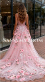 A Line Beading Flowers Pink V Neck Prom Dress