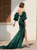 Satin Green Trumpet Mermaid Puffy Sleeve Beading Prom Dress With Slit