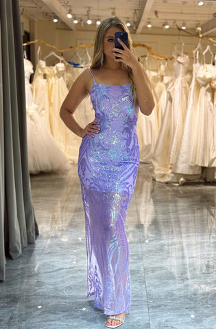 Purple Backless Sequin Mermaid Spaghetti Straps Prom Dress