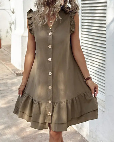 Ruffled Sleeves Olive Green Button-Down Dress