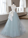 Blue Tulle Lace Applique A-Line Prom Dress