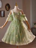 Short Sleeve Sweetheart Floral Green Homecoming Dress