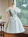 Tulle Beading Flower A-Line Off The Shoulder Mint Homecoming Dress